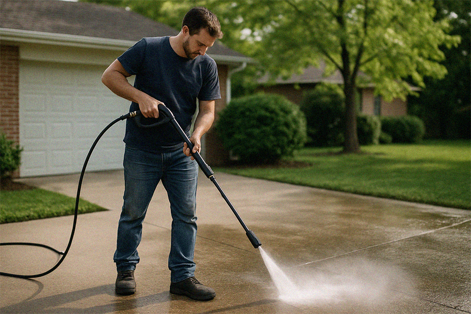 Pressure washing professionals at work on wooden surfaces