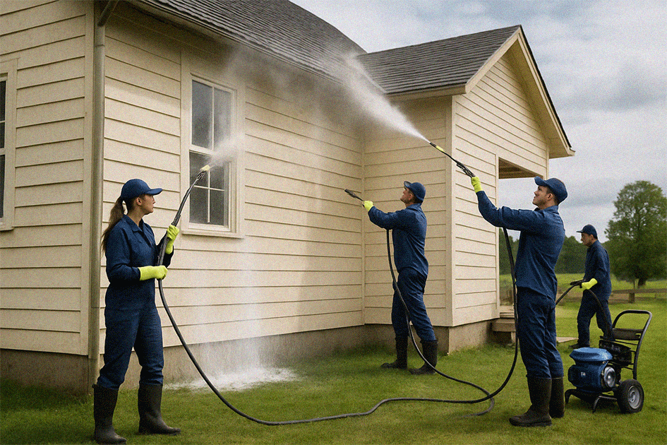 Pressure washing team using professional equipment efficiently