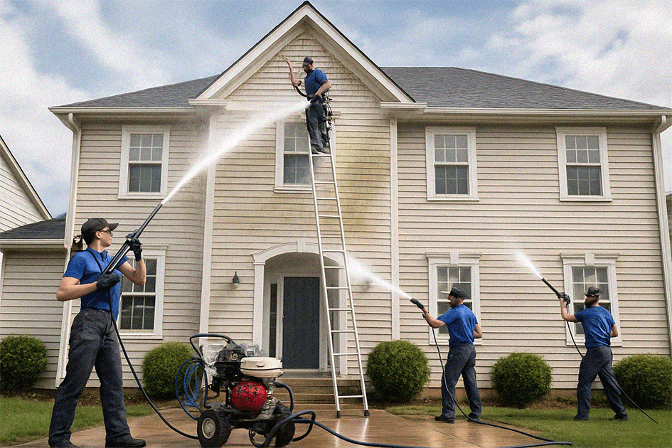 Pressure washing team preparing to clean home exterior