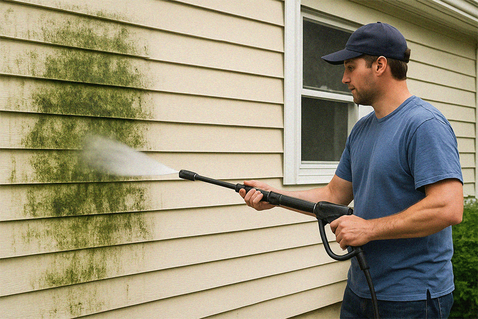 Professional exterior cleaning in progress on home