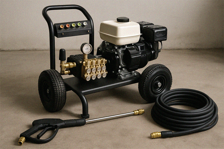Pressure washing equipment showing power and safety needs